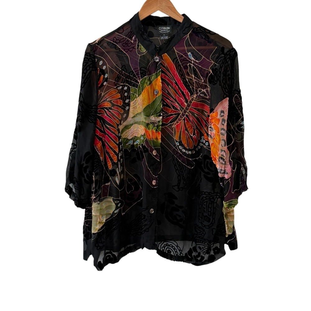Citron Santa Monica Burnout Velvet Tunic Top 0X Butterfly Paisley Silk Blend